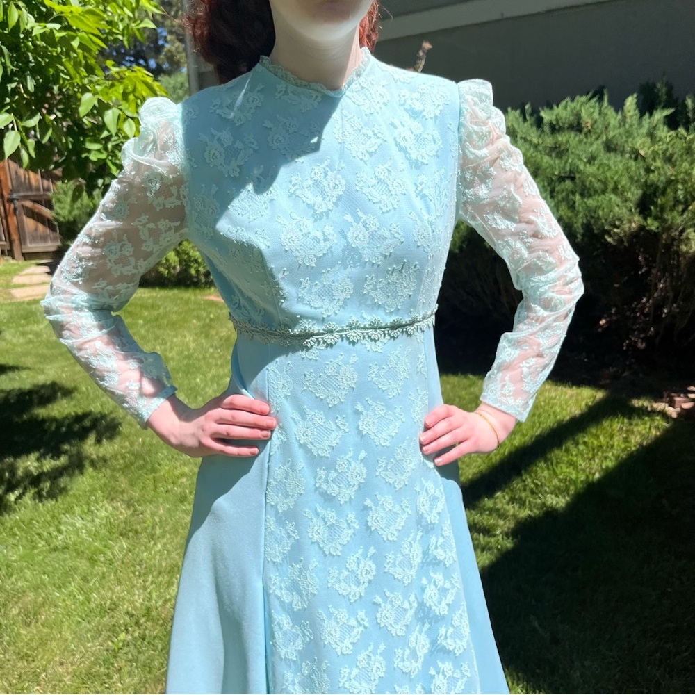 Vintage 1960 70 Victorian Lace Fairycore Long sleeve Pale Blue Maxi Formal Dress